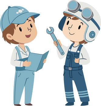 Cartoon illustration of two friendly mechanics in uniform collaborating on a repair job, one with a wrench and the other with a manual. design element 8z vector