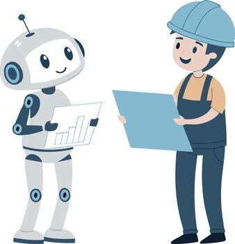 AI Robot Collaborating with Construction Worker Analyzing Blueprints and Data for Efficiency vector