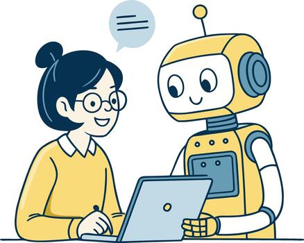 Woman and robot collaborating on laptop, discussing technology and future innovations in a friendly interaction vector