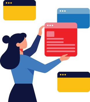 Creative professional woman organizing user interface elements and managing web project tasks on multiple floating screens vector