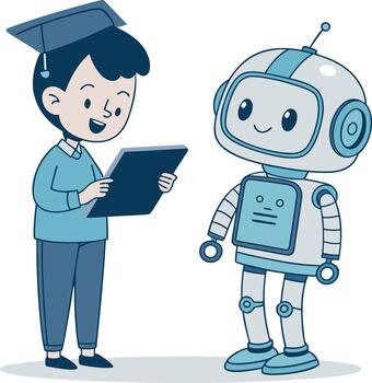 Student with Graduation Cap Showing a Tablet to a Friendly Robot in a Digital Education Concept vector