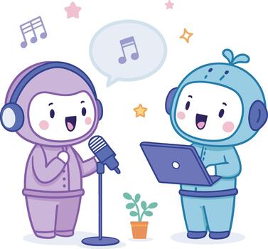 Cartoon Robots Collaborating on Music Singing with a Microphone and Laptop Usage vector