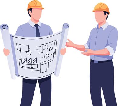 Two architects or engineers collaborating on a blueprint, discussing construction plans and design strategy vector