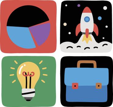 A collection of four digital illustrations depicting business concepts a pie chart, a rocket launching, a lightbulb, and a briefcase vector