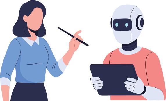 Woman teaching a robot how to use a tablet computer for educational purposes vector