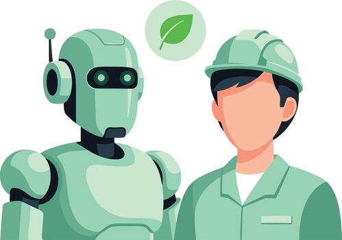 Conceptual illustration of green technology with a worker and a robot collaborating for a sustainable future vector