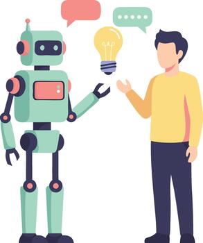 Robotic Assistant Engaging in Dialogue with a Human, Symbolizing Artificial Intelligence and Innovation vector