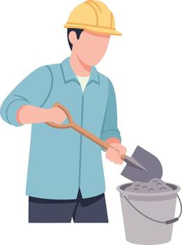 Construction worker using a shovel to fill a bucket with concrete, ready for building vector