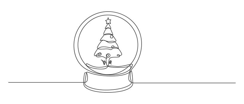 Continuous Line Drawing of a Christmas Snow Globe with Tree, vector