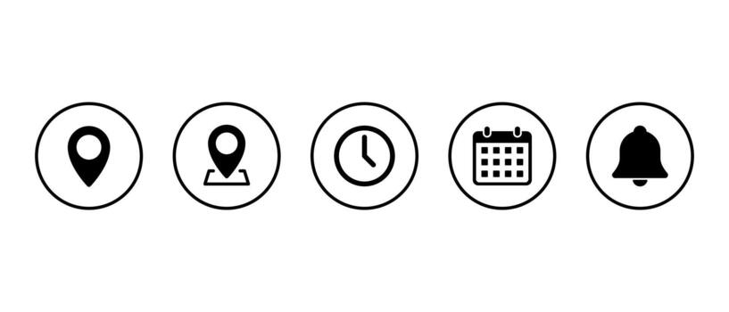 Location, map pin, time, calendar, and bell icon in circular outline. GPS pointer, place marker, clock, date, and notification symbol vector