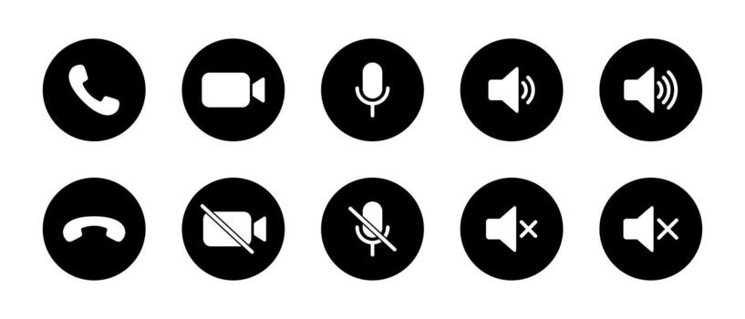 Phone call, hang up, record mic, mute, speaker volume, and silent icon in black circle. Communication element symbol vector