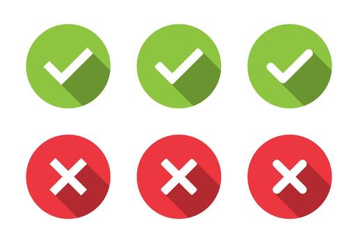 Check and cross mark icon set with long shadow. Tick and X symbol. Accept and reject sign vector