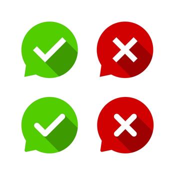 habla burbuja con cheque y cruzar marca icono. aprobación y rechazo mensaje símbolo con largo sombra vector