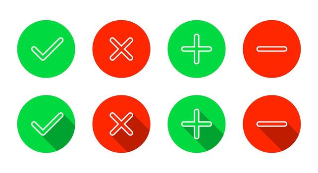 Check mark, cross, add, and remove outline icon. Checkmark, X, plus, and minus symbol with long shadow vector