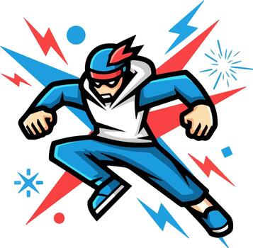 Dynamic Ninja Runner Character with Energetic Lightning Background vector