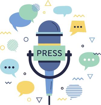 microphone with a PRESS label, surrounded by speech bubbles and small abstract shapes vector