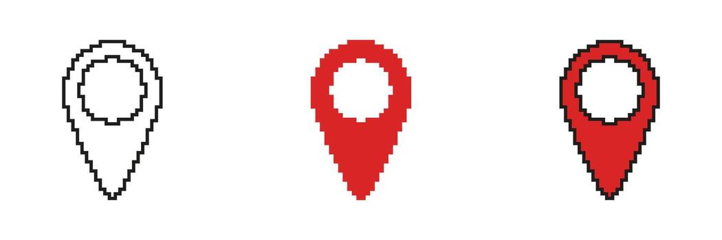 Pixel Art Map Pin Icon Set. Location Marker, Navigation, And Gps Symbol Collection. Red And Black Pixelated Design For Digital Maps And Geolocation. Illustration vector