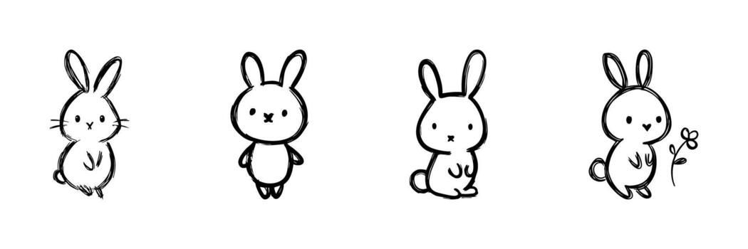 Cute Bunny Characters Line Icon Set In Doodle Style. Adorable Rabbit Illustrations With Playful Expressions Outline Sketch Collection. Hand Drawn Isolated Illustration vector