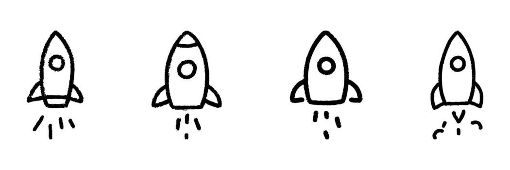 Rocket Launch Line Icon Set In Doodle Style. Space Exploration, Innovation, And Startup Growth Outline Sketch Collection. Hand Drawn Isolated Illustration vector