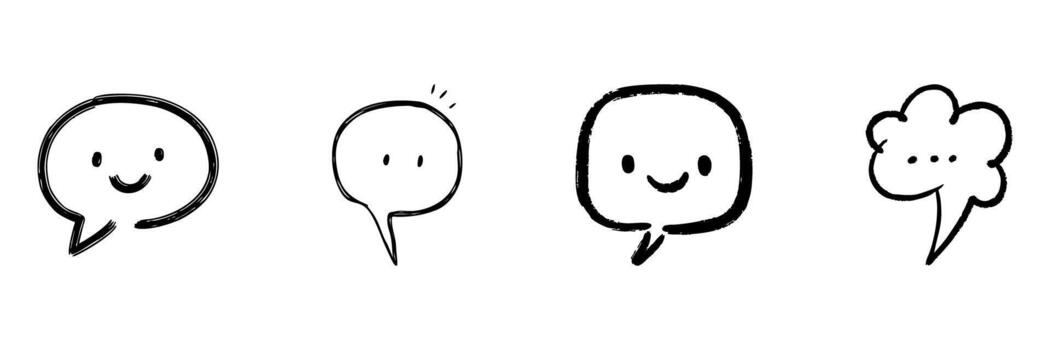 Cute Speech Bubble Faces Line Icon Set In Doodle Style. Communication, Expression, And Chatting Outline Sketch Collection. Hand Drawn Isolated Illustration vector