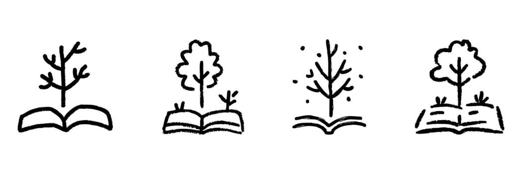 Open Book With Tree Line Icon Set In Doodle Style. Knowledge Growth, Education, And Environmental Learning Outline Sketch Collection. Hand Drawn Isolated Illustration vector