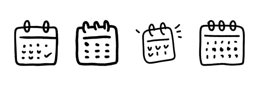 Calendar Icons Line Set In Doodle Style. Event Planning, Scheduling, And Date Management Outline Sketch Collection. Hand Drawn Isolated Illustration vector