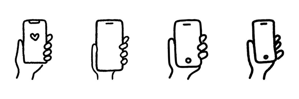 Hand Holding Smartphone Line Icon Set In Doodle Style. Mobile Device Interaction, Communication, And Technology Usage Outline Sketch Collection. Hand Drawn Isolated Illustration vector