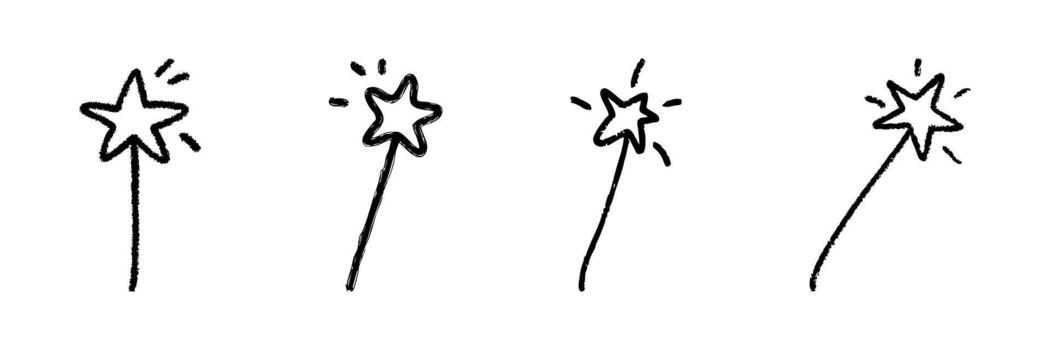 Magic Wand Star Line Icon Set In Doodle Style. Enchantment, Fantasy, And Wizardry Symbol Outline Sketch Collection. Magical Tool For Spells And Illusions. Hand Drawn Isolated Illustration vector