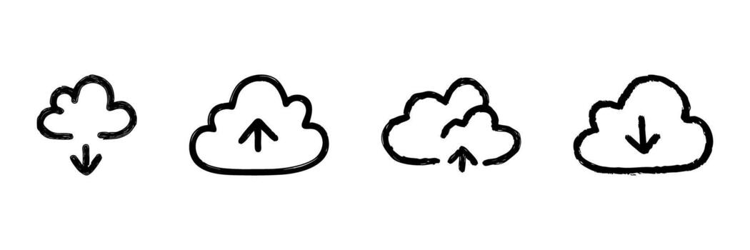 Cloud Upload And Download Line Icon Set In Doodle Style. Data Transfer, Cloud Storage, And File Sharing Outline Sketch Collection. Hand Drawn Isolated Illustration vector
