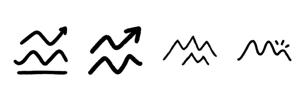 Zigzag Arrow And Mountain Line Icon Set In Doodle Style. Growth, Progress, And Nature Representation Outline Sketch Collection. Hand Drawn Isolated Illustration vector