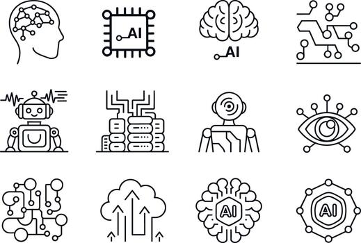 Collection of black line art icons representing artificial intelligence concepts technology vector