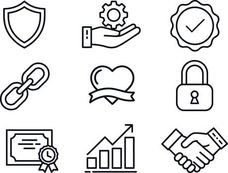 Collection of nine black outline icons representing business and security concepts shield vector