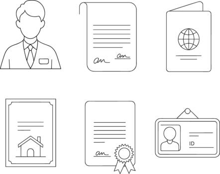colección de negro línea íconos representando documentos y identificación pasaporte certificado vector