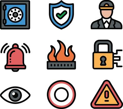 Collection of nine flat design icons representing security and alerts safe shield vector