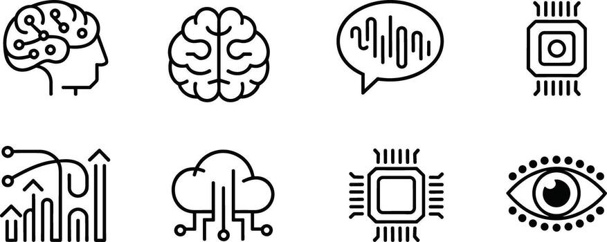 conjunto de ocho negro línea Arte íconos representando tecnología y artificial inteligencia conceptos vector