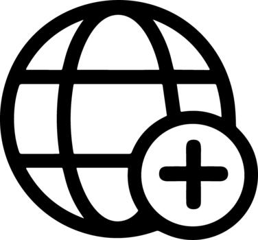 Globe with plus sign icon for adding a new internet connection. vector