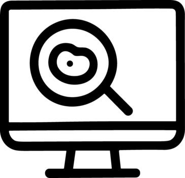 Scientific analysis icon with cell under magnifying glass on computer screen. vector