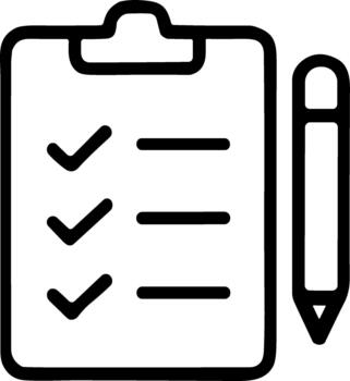 Minimalist line icon of a clipboard with a completed checklist and a pencil. vector