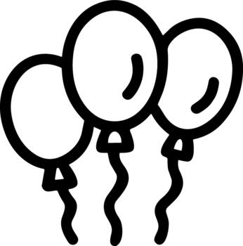Three festive party balloons with strings line art icon. vector