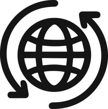 Simple black line icon of a globe with rotating arrows. vector