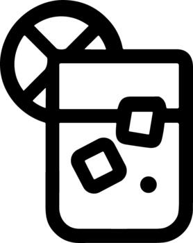 Cold drink with lemon slice and ice cubes line art icon. vector