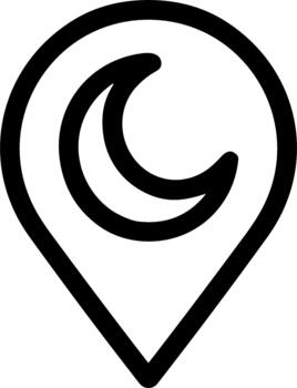 Minimalist line art icon of a location pin with a crescent moon symbol. vector