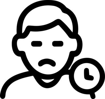 Simple line icon of a person with a sad face and a clock symbol. vector