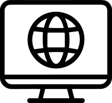 Simple line icon of a computer monitor displaying a globe symbol. vector