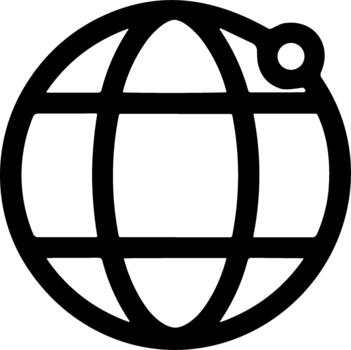 Simple black line art icon of a globe with a location marker. vector