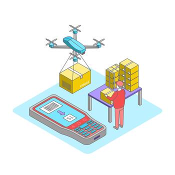 Cartoon Color Drone Carrying Box Fast Delivery Service Concept 3d Isometric View Line Elements. vector