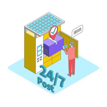 Cartoon Color Parcel Locker and Fast Delivery Service Concept 3d Isometric View Line Elements. vector