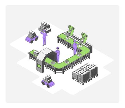 dibujos animados color ingeniero controlador fábrica transportador concepto 3d isométrica ver línea elementos vector