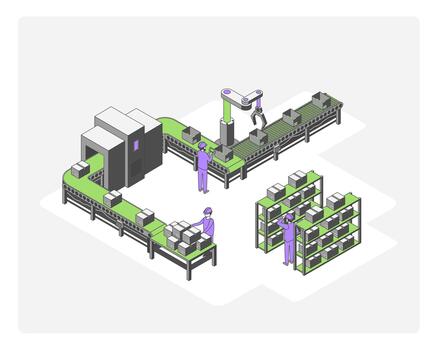 Warehouse automation with robots and conveyor belts vector