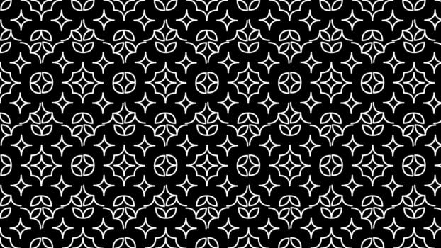 geometric pattern of stylized four-pointed stars and quatrefoils in white on a black background, abstract digital art vector